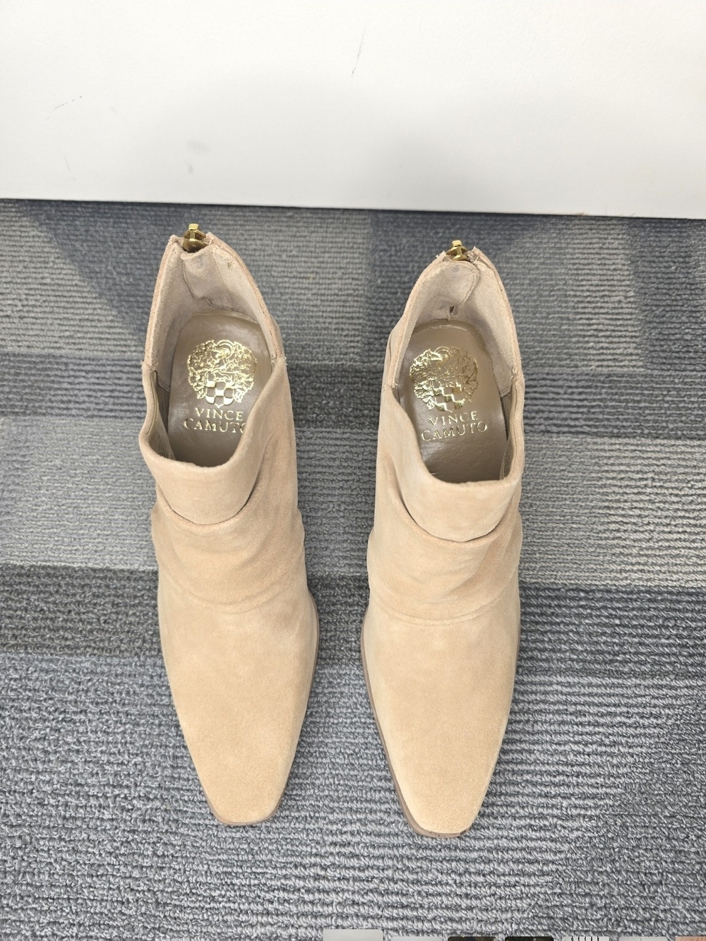 Vince Camuto Ainsley Tan Suede Ankle Booties with Stacked Heel - Picture 2 of 7